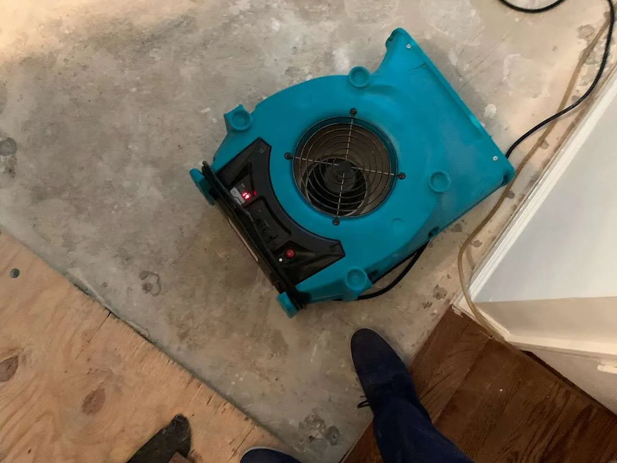 Air mover drying subfloor during Leak Detection & Repair in Parkville
